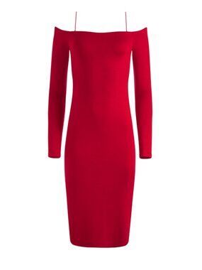 Alice +Olivia DorindaFitted Red Long-Sleeved Off the Shoulder Midi Dress, Size 4